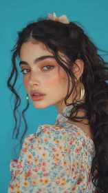 Portrait of freckled brunette with floral blouse against teal.