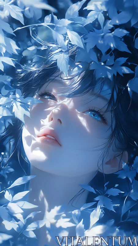 Blue-lit forest muse bathed in ethereal leaf shadows.