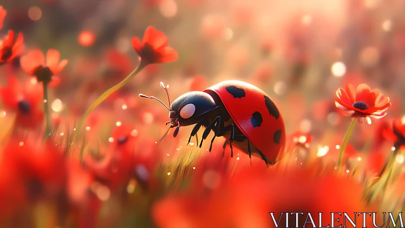 Ladybug traverses dewy poppy field in soft bokeh light