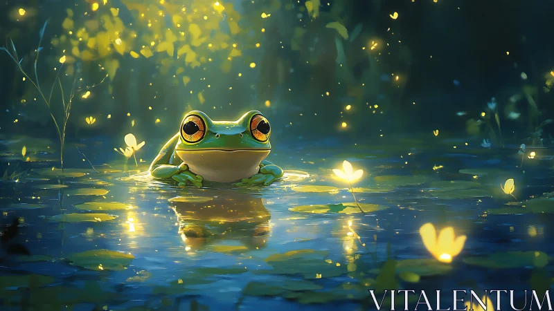 Glowing-eyed frog rests in a firefly-lit twilight pond.