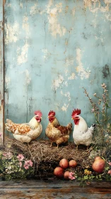 Three Roosters Against Distressed Turquoise Wall Background.