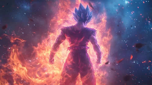 Fiery cosmic hero rising in a storm of starlit embers.