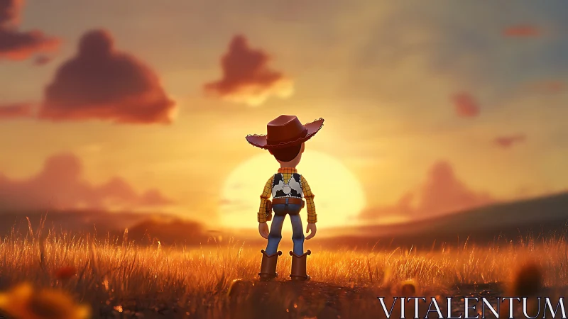 Sunset-bound toy cowboy watching the golden plains glow.