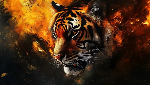Tiger head emerging from fiery abstract background.