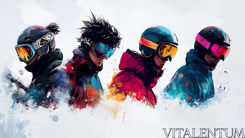 Digital painting of four snowboarders in colorful gear side profile