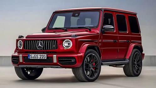 Box-architected red AMG SUV with precision aerodynamic detailing.