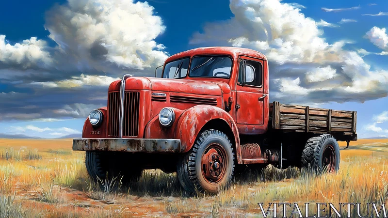 Weathered red farm truck under expansive prairie sky.