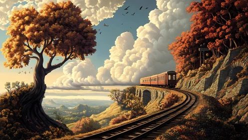 Sunlit autumn train curves through dreamy mountain clouds