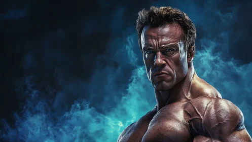 Steel-eyed titan emerges from stormlit electric mist.