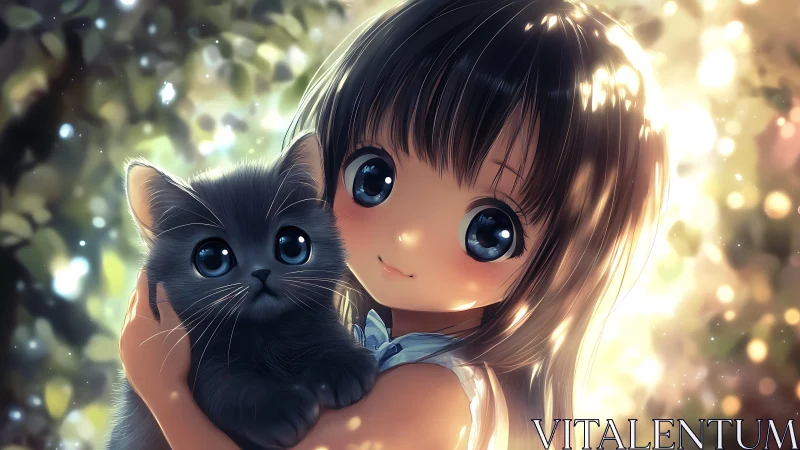 Sunlit cuddle moment with bright eyed girl and kitten.