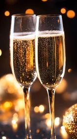 Golden bubbles and gentle sparkle in two champagne flutes.