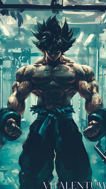 Hyper-muscular anime warrior lifts dumbbells in stylized gym lighting
