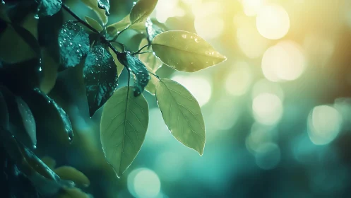 Morning dew on sunlit leaves in a dreamy forest glow.
