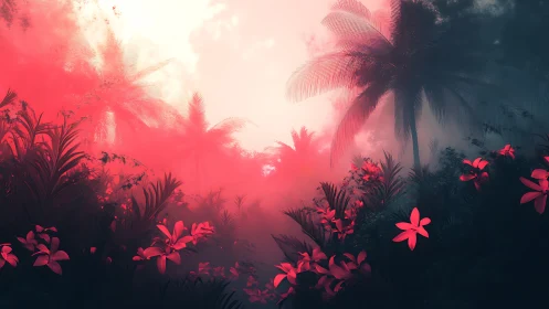 Tropical vegetation with red atmospheric lighting effect.