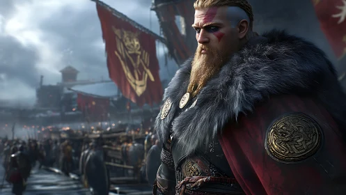 Viking leader in fur cloak before assembled longship fleet.