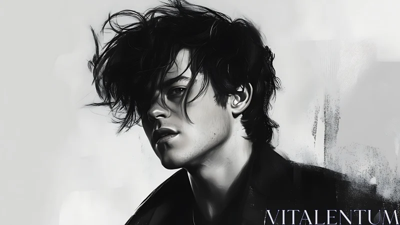 Monochrome digital portrait of young male subject profile.