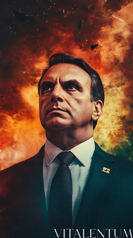 Digital portrait shows suited man before abstract fiery sky