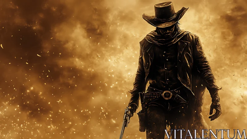 Lone gunslinger in dust storm with revolver drawn