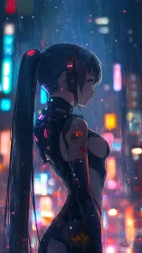 Cyberpunk woman in neon lit rain soaked city street.