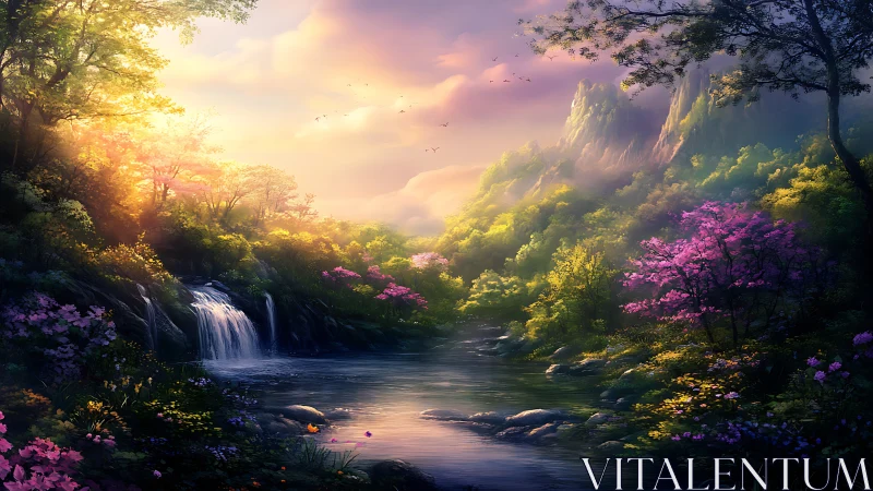 Sunlit river valley with waterfall, trees and distant peaks