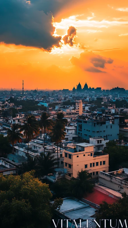 Sunset light silhouettes dense tropical city skyline