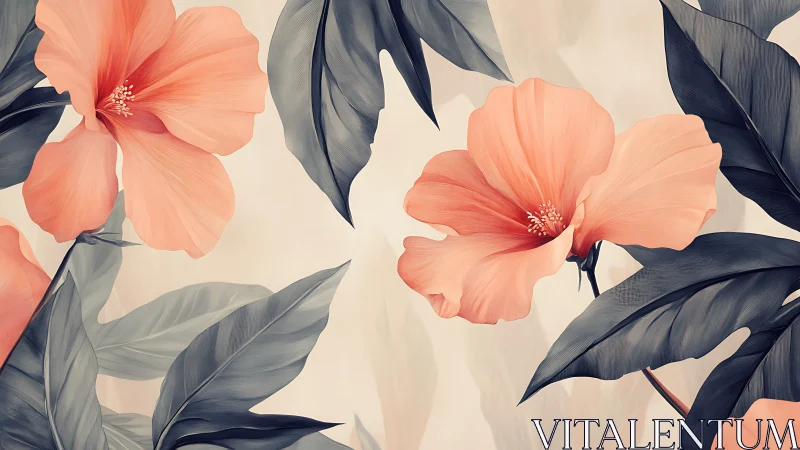 Coral Hibiscus Blooms with Dark Foliage.