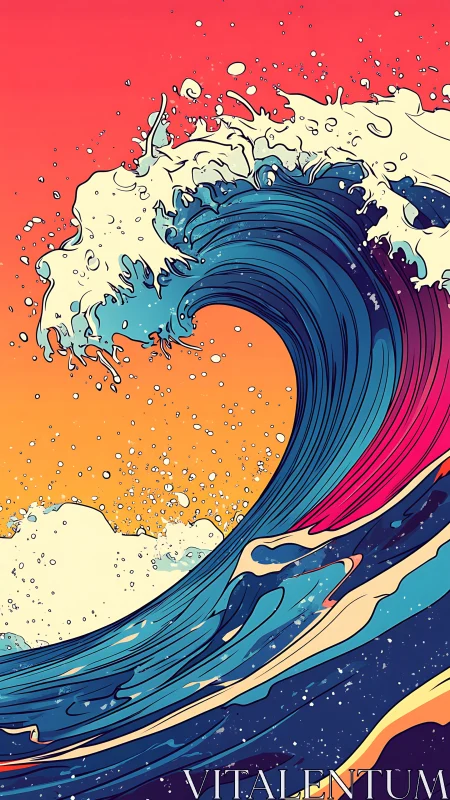 Neon dusk wave curling over stylized cosmic seascape.