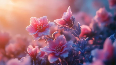 Delicate Pink Blossoms Glistening in Morning Light