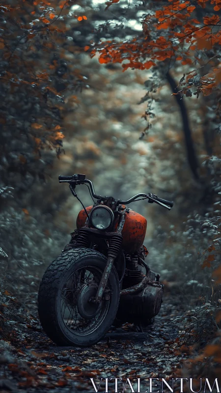 Rustic motorcycle rests on a misty forest path at dusk.