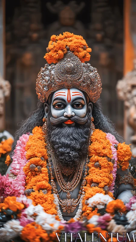 Ornate Hindu deity sculpture with marigold garlands and silver crown