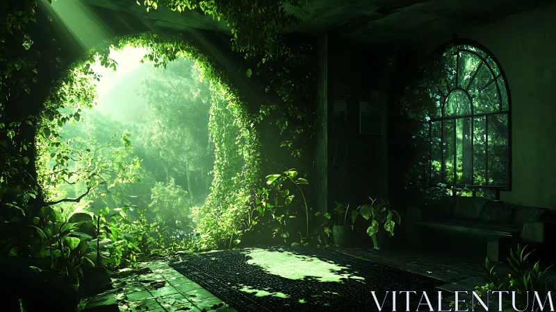 Emerald portal room where overgrown nature reclaims the light.