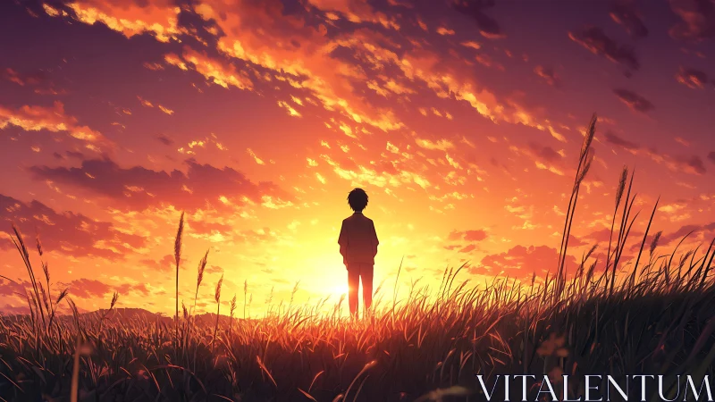 Backlit silhouette of lone figure in sunset grassland sky gradient