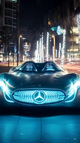 Futuristic blue sports car glowing under vibrant city lights.