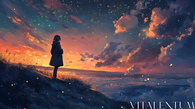 Solitary figure observes illuminated twilight coastal sky