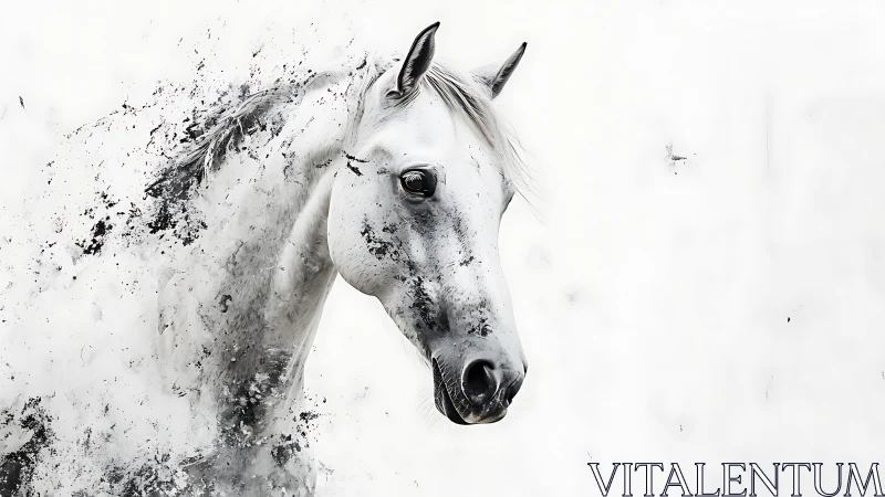 White horse dissolving into abstract ink splatter field.
