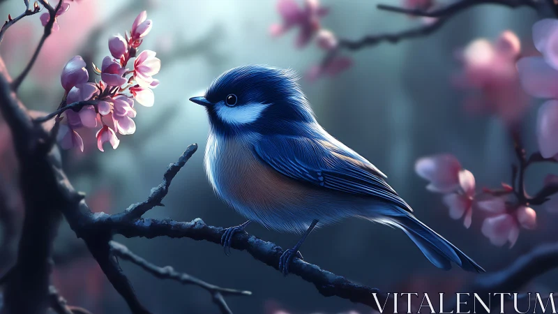 Blue Songbird on Blossom Branch, Dreamy Digital Art Scene.