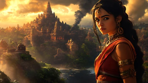 Warrior woman before burning temple city at sunset.