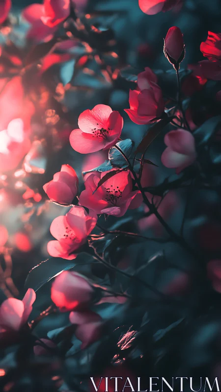 Red Flowering Branches with Bokeh Lighting Effects