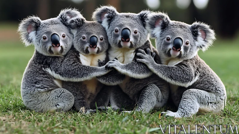 Four koalas sit on grass closely huddled in a tight embrace