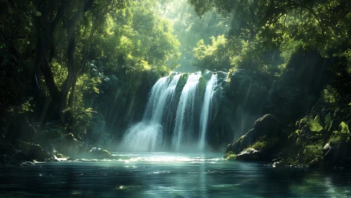 Cascading Waterfall Through Dense Verdant Forest Sanctuary.