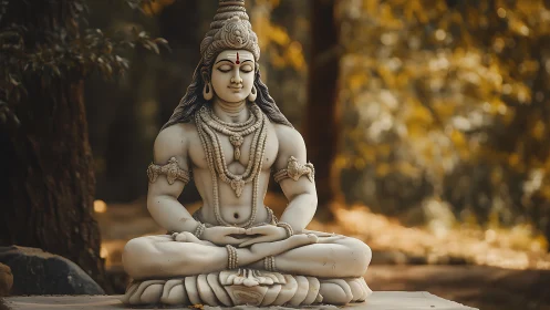 Marble yogic deity sculpture in forest bokeh illumination.