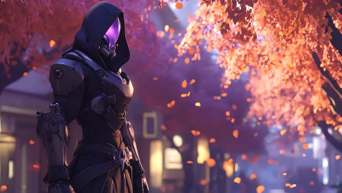 Hooded cyber guardian wandering beneath soft autumn lights.
