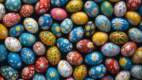 Colorful hand painted Easter eggs arranged in a dense spread.