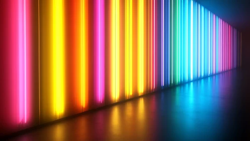 Neon rainbow light tunnel glows with immersive futuristic color