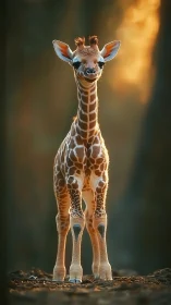 Sunlit baby giraffe smiles warmly in soft golden glow