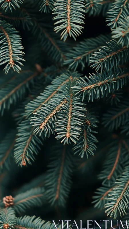 Evergreen fir needles in soft focus forest close-up.