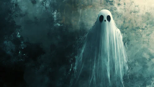 Ghostly figure in tattered shroud against dark misty wall.