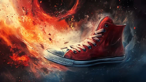 Fiery red sneaker blazes forward through swirling cosmic sparks