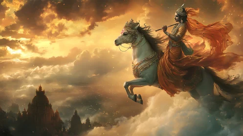 Divine rider on white horse above clouded temple landscape.