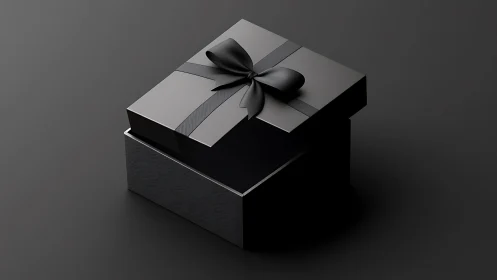 Matte black luxury gift box with satin ribbon on dark ground.
